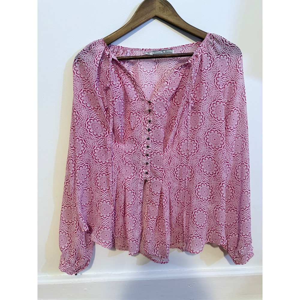 Behind the Seams Womens Pink&White Geometric‎ Print Peasant Long Sleeve Top SZ M